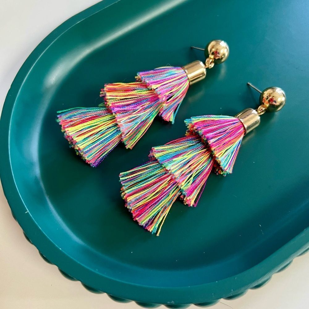 Funky Boho Rainbow Tiered Fringe Tassel Drop Earrings